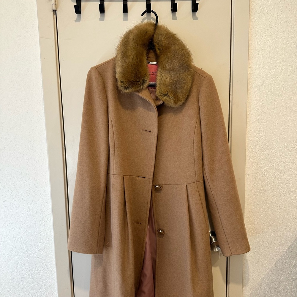 Kate Spade Tan Pea Coat with Faux Fur Collar